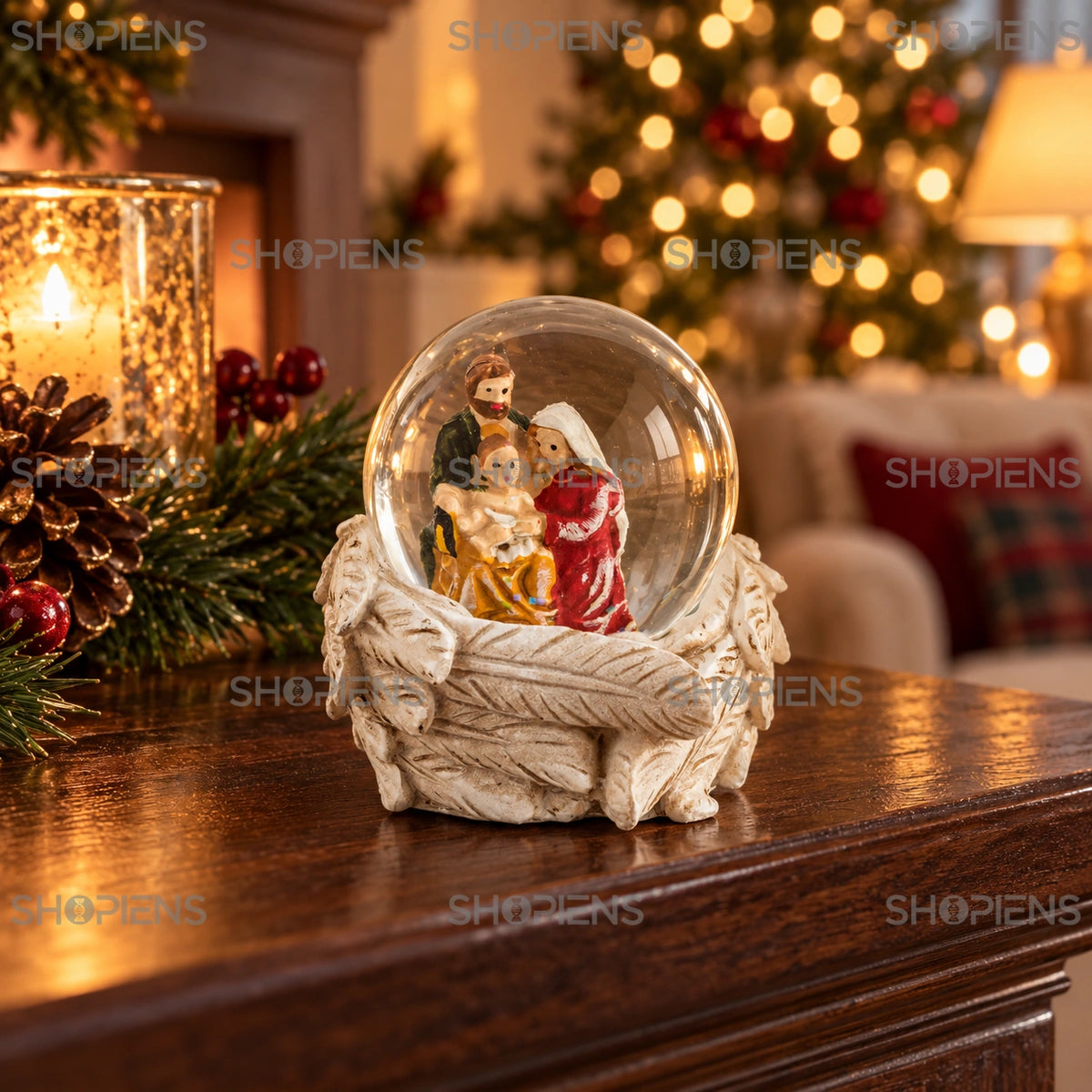 Glob cu sfânta familie și aripi de înger, 6 cm într-un decor festiv de seară | Shopiens®