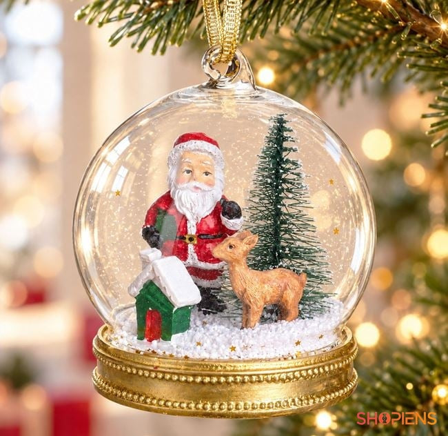 Glob din sticlă cu Moș Crăciun și ren, 9 cm, în brad, decor neinclus | Shopiens®