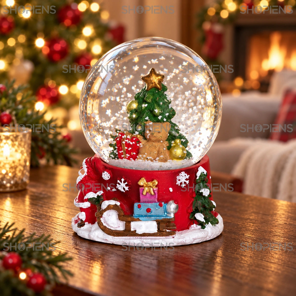 Glob cu ursuleț și brad pe bază roșie, 6 cm într-un decor festiv de seară | Shopiens®