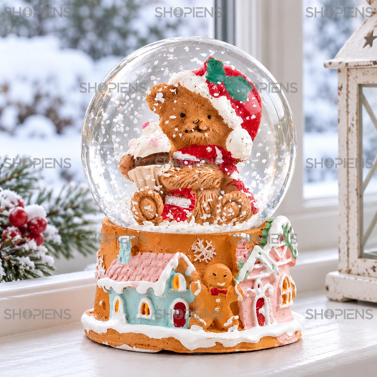 Glob cu ursuleț și căsuțe dulci, 6 cm lângă fereastră într-un decor de iarnă | Shopiens®