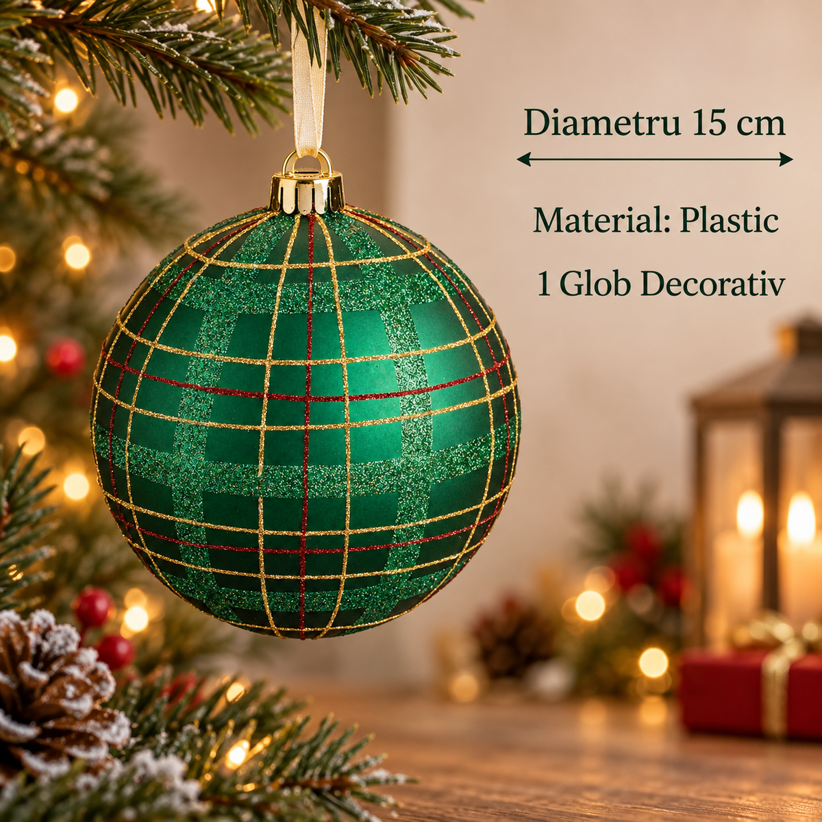 Glob Decorativ Verde Cu Carouri Si Glitter 15 Cm - specificatii - Shopiens