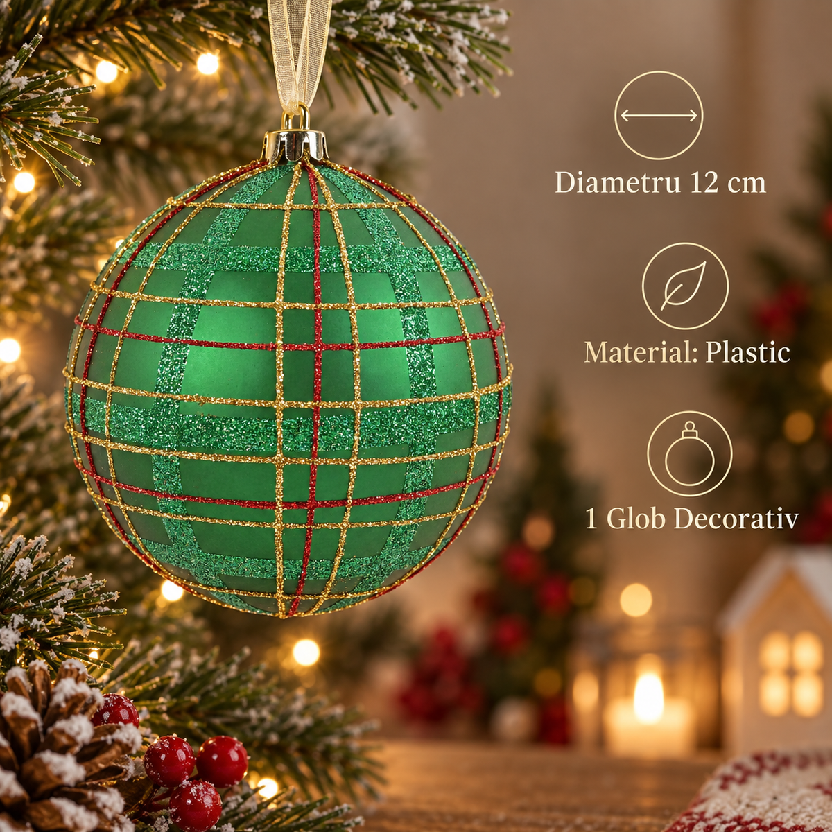 Glob Verde Mat Cu Carouri Rosii Si Aurii 12 Cm - specificatii - Shopiens
