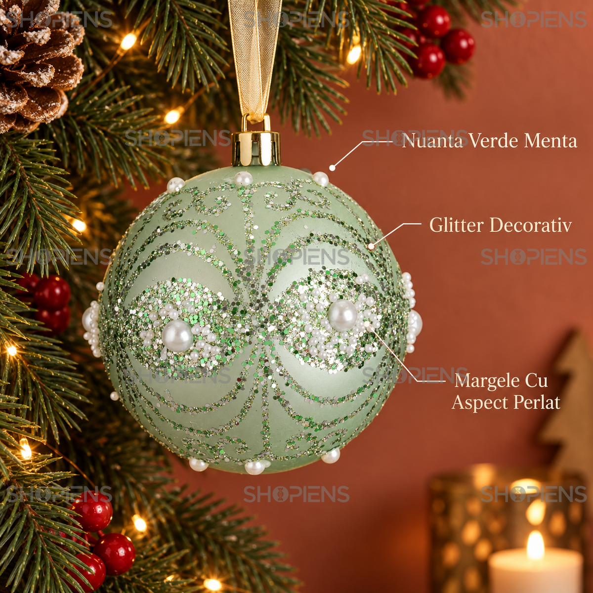 Glob Verde Menta Cu Margele Albe Si Glitter, 8 Cm - avantaje - Shopiens