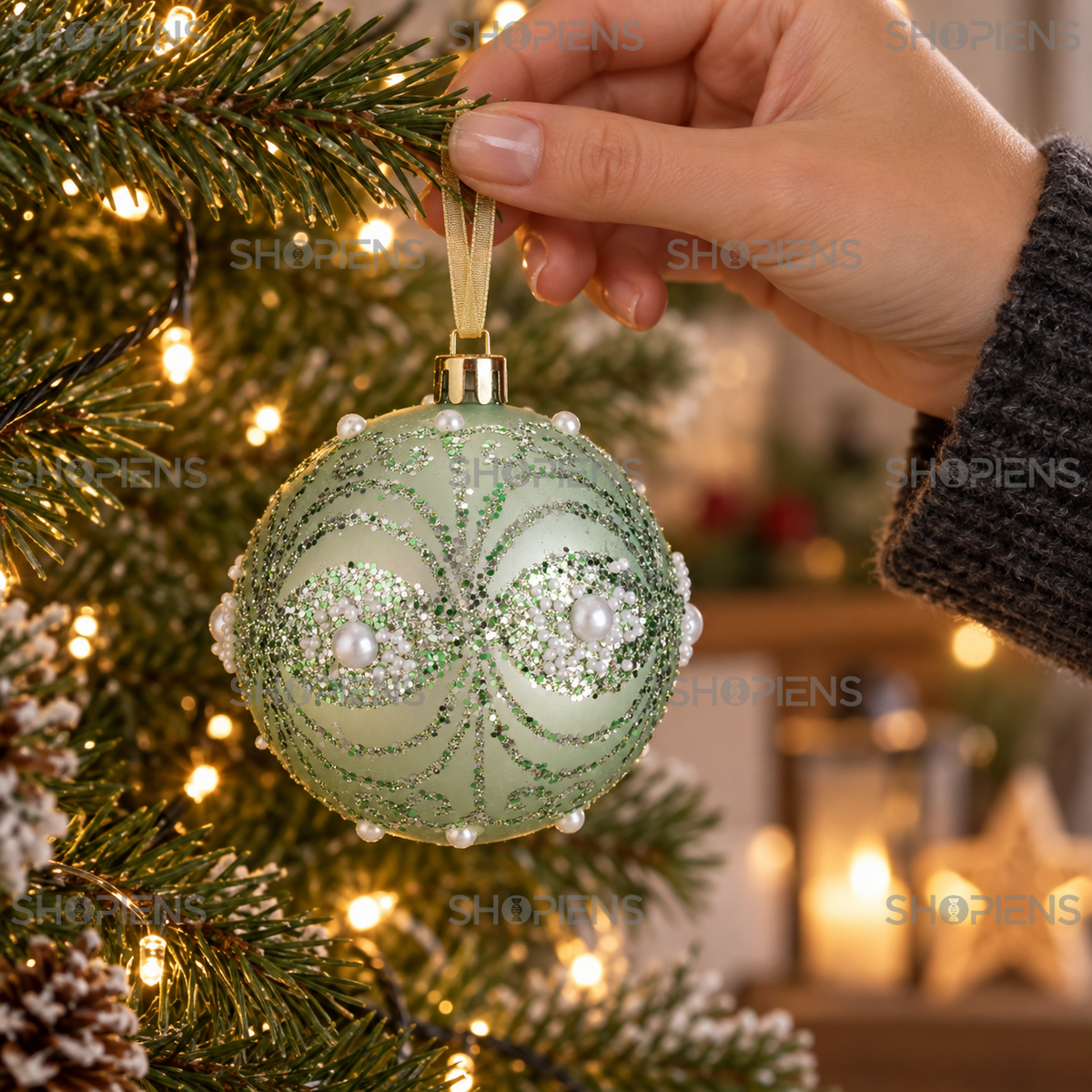 Glob Verde Menta Cu Margele Albe Si Glitter, 8 Cm - in folosinta 1 - Shopiens