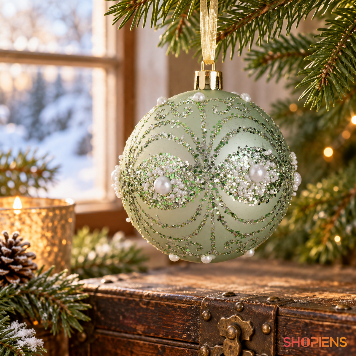 Glob Verde Menta Cu Margele Albe Si Glitter, 8 Cm - lifestyle principala - Shopiens