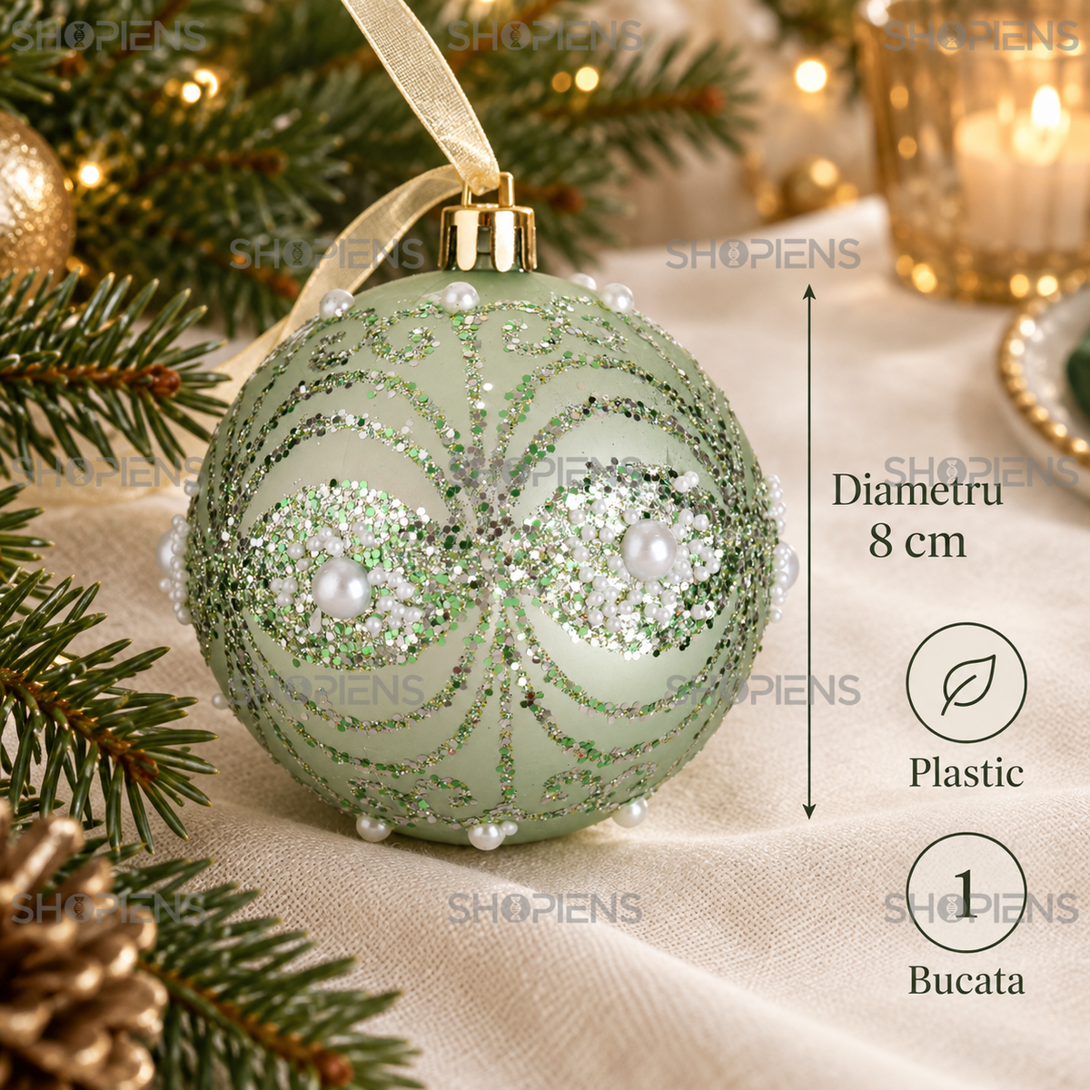 Glob Verde Menta Cu Margele Albe Si Glitter, 8 Cm - specificatii - Shopiens