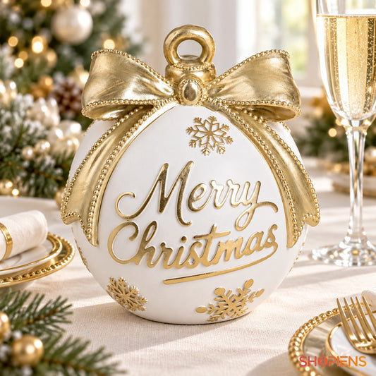 Glob vintage alb cu fundă Merry Christmas, 15 cm pe masa de Crăciun, în lumină naturală | Shopiens®