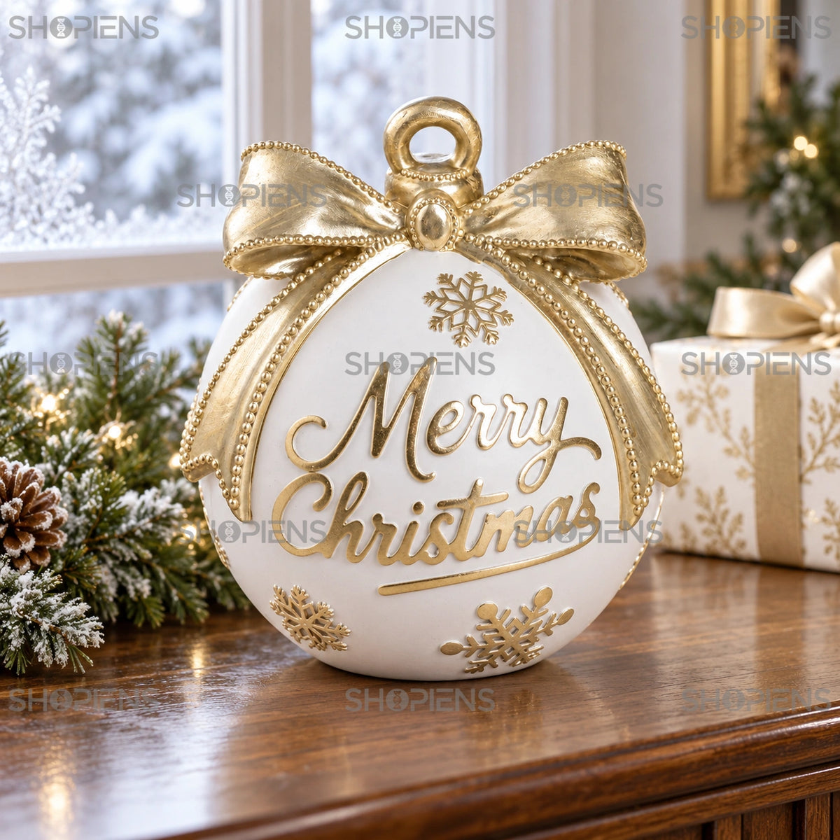 Glob vintage alb cu fundă Merry Christmas, 15 cm pe o consolă lângă fereastră, într-un decor de iarnă | Shopiens®