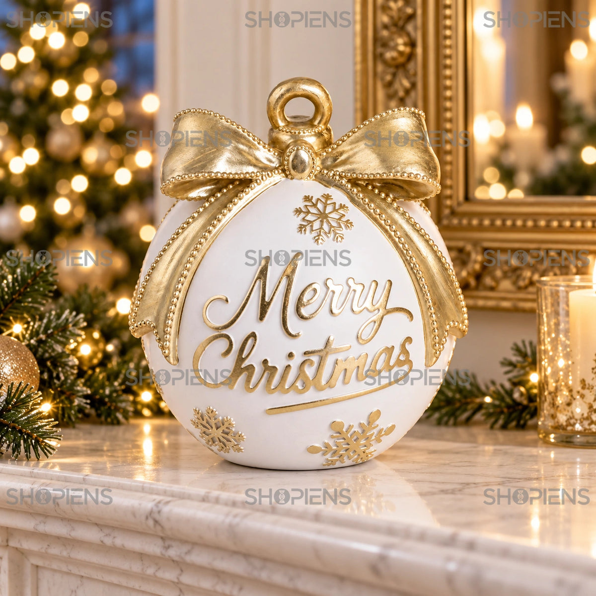 Glob vintage alb cu fundă Merry Christmas, 15 cm pe șemineu, într-un decor de seară cu lumini festive | Shopiens®