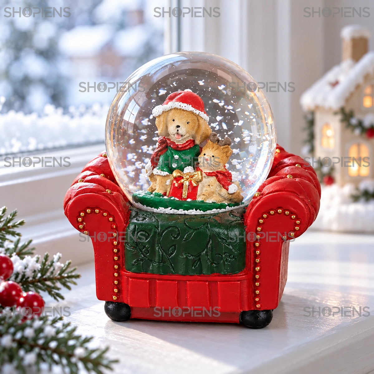 Glob de zăpadă cu animăluțe în fotoliu, 10 cm lângă fereastră, în lumină de iarnă | Shopiens®