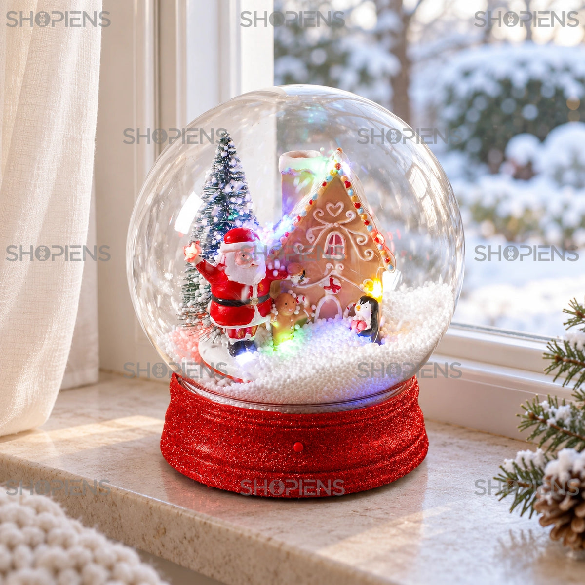 Glob muzical cu căsuță de turtă dulce și LED, 26 cm lângă fereastră, în decor de iarnă | Shopiens®