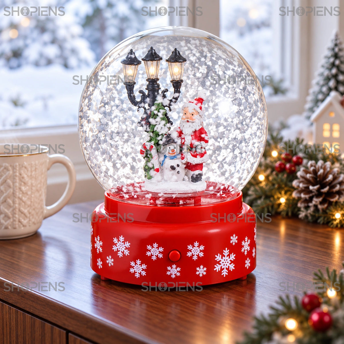 Glob de zăpadă cu Moș Crăciun și om de zăpadă, 19 cm lângă fereastră, în decor de iarnă | Shopiens®