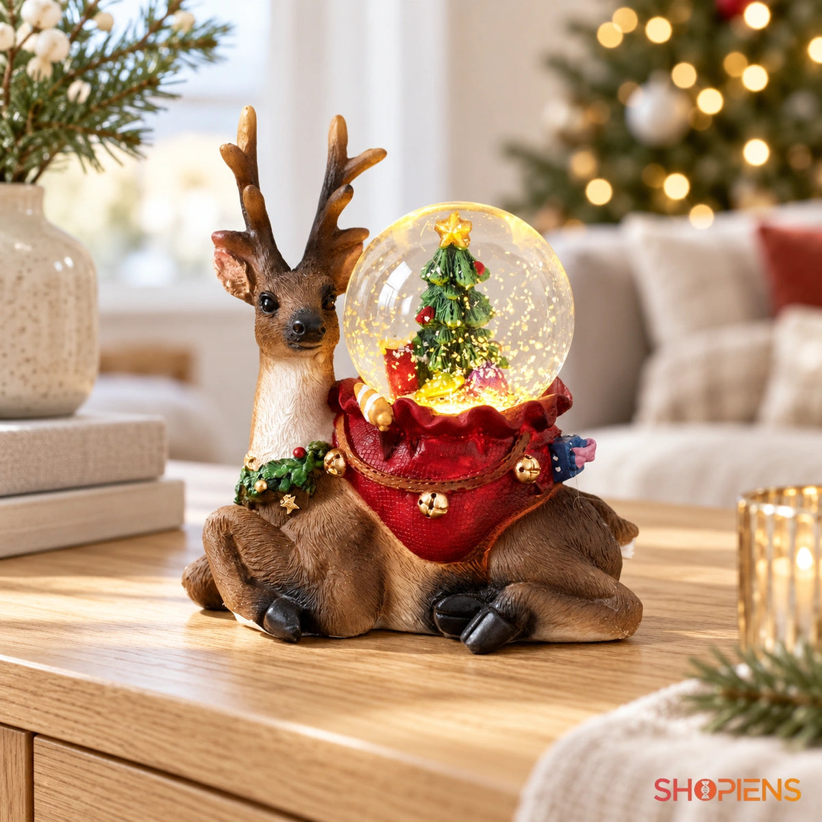 Glob cu ren și brad iluminat, 9 × 6 × 10 cm în decor luminos de Crăciun | Shopiens®