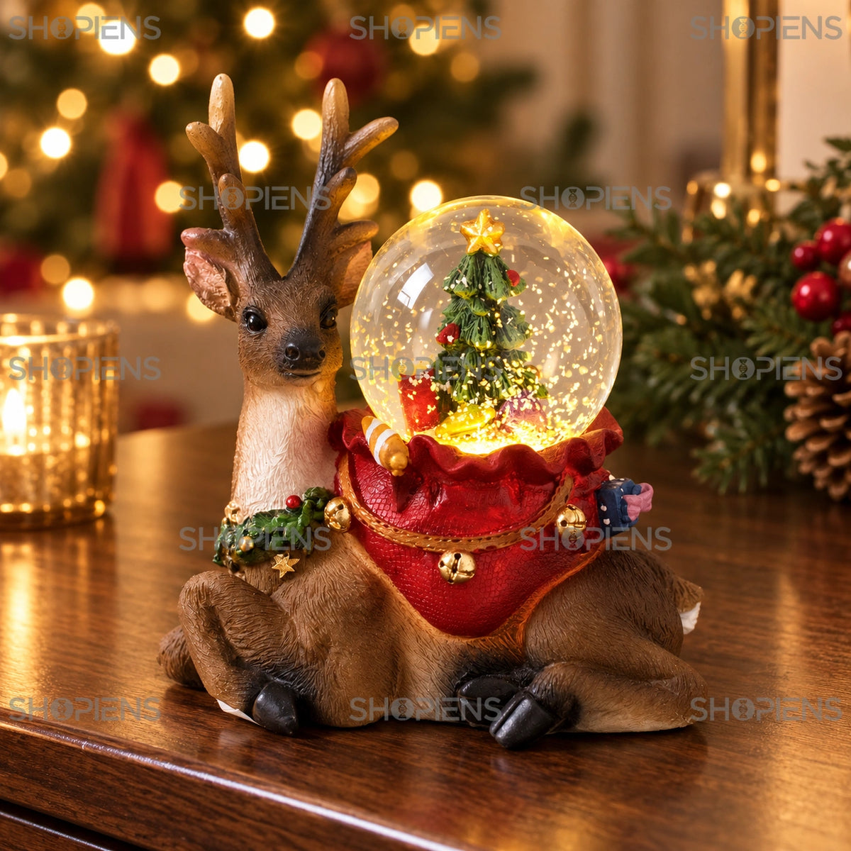 Glob cu ren și brad iluminat, 9 × 6 × 10 cm în decor festiv de seară | Shopiens®