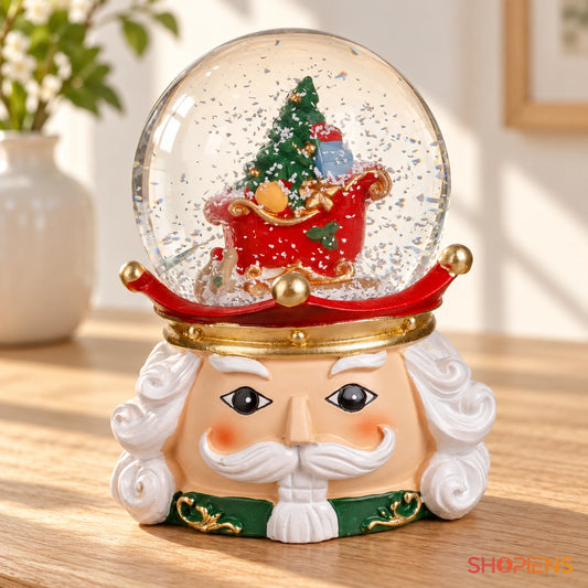 Glob de zăpadă cu soldat și sanie, 9 cm într-un decor luminos de Crăciun | Shopiens®