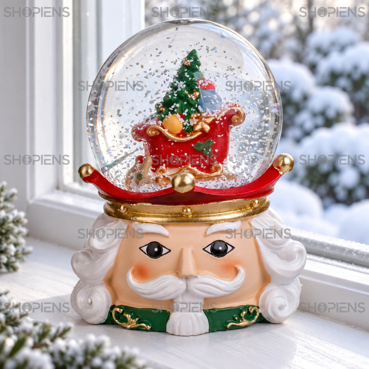Glob de zăpadă cu soldat și sanie, 9 cm lângă fereastră, în lumină de iarnă | Shopiens®
