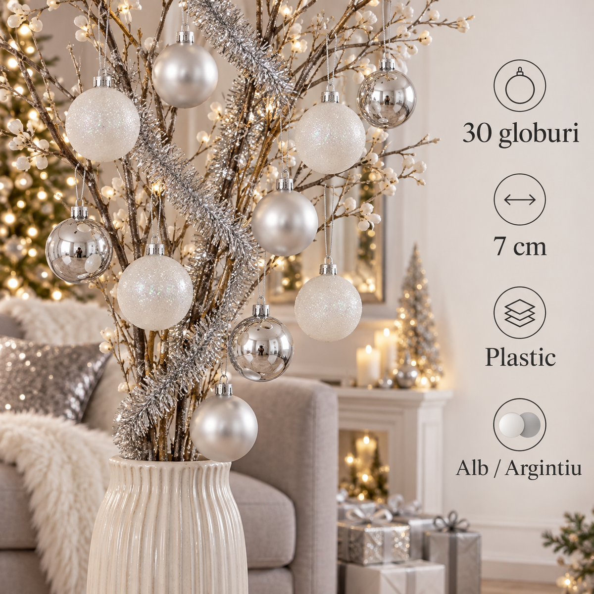 Globuri Alb Argintiu, Set 30 Bucati, 7 Cm - specificatii - Shopiens