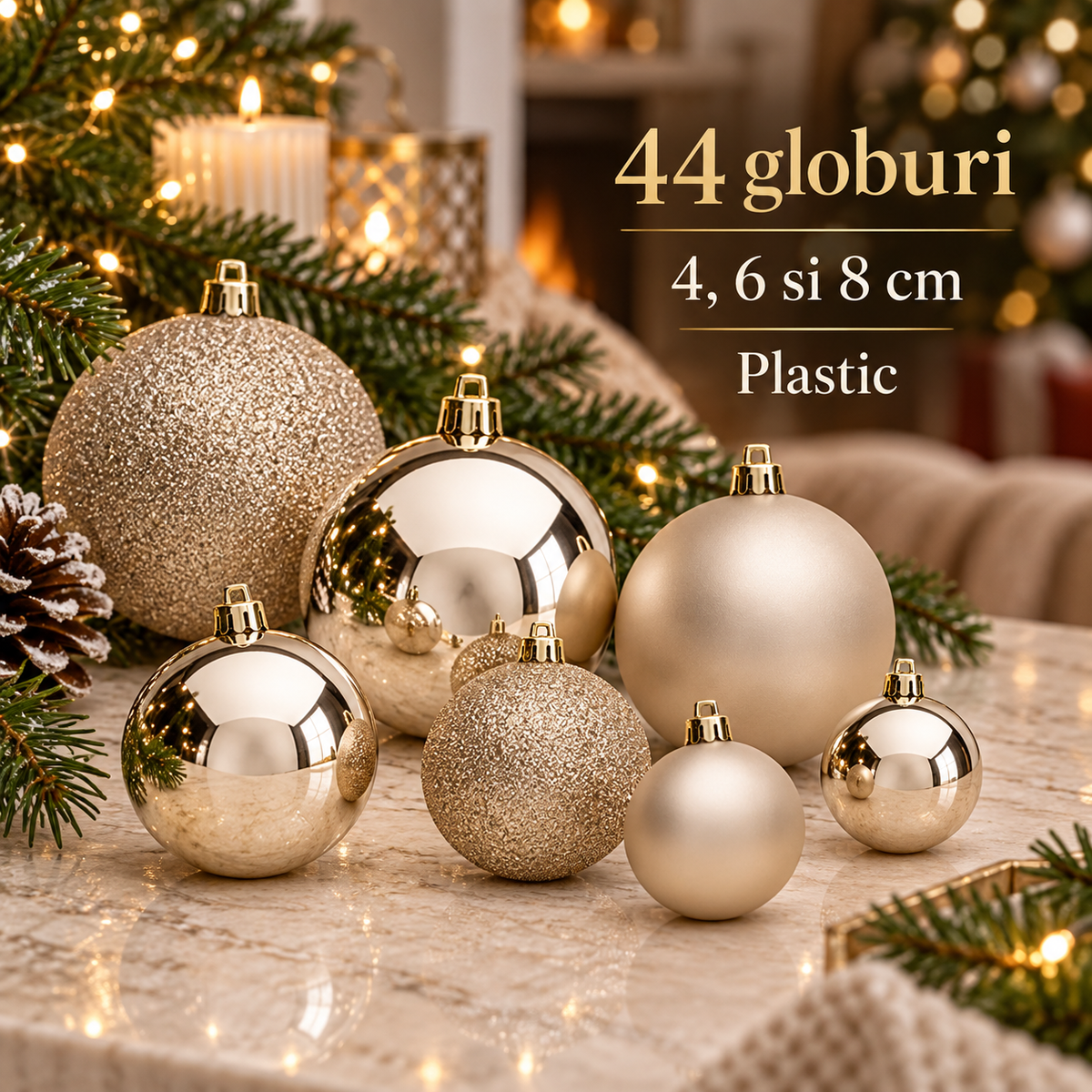 Globuri Bej Sampanie In Trei Marimi - Set De 44 - specificatii - Shopiens