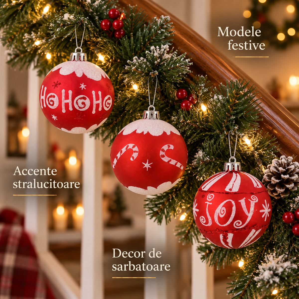 Globuri Ho Ho Ho Si Joy, Set 6 Rosu Alb, 8 Cm - avantaje - Shopiens