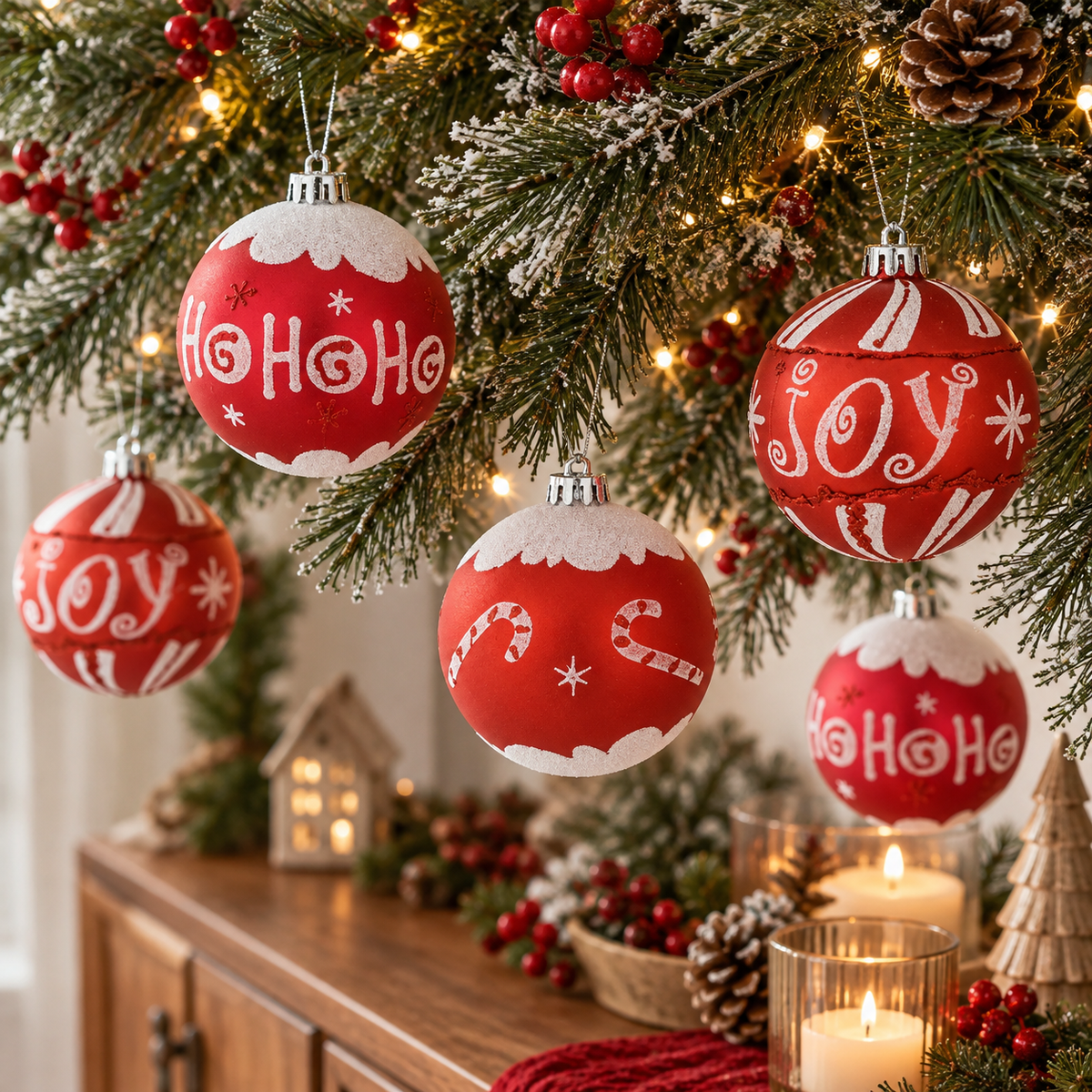Globuri Ho Ho Ho Si Joy, Set 6 Rosu Alb, 8 Cm - in folosinta 1 - Shopiens