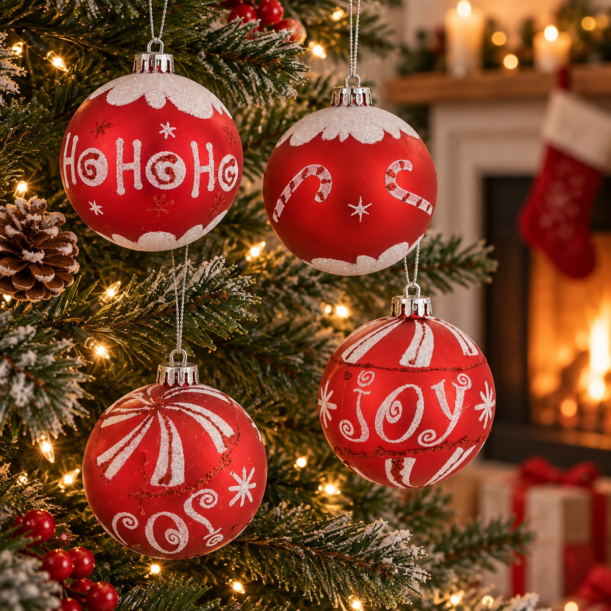 Globuri Ho Ho Ho Si Joy, Set 6 Rosu Alb, 8 Cm - lifestyle principala - Shopiens