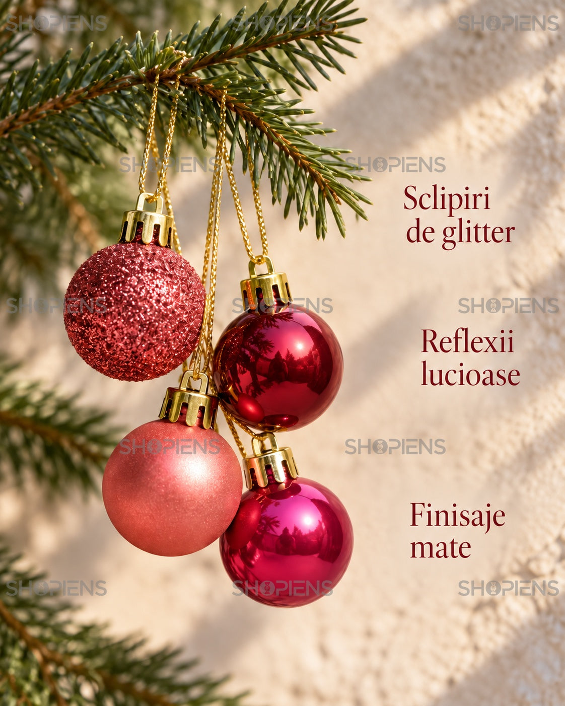 Mini globuri roz și roșii, set 20 de bucăți – finisaje asortate – Shopiens