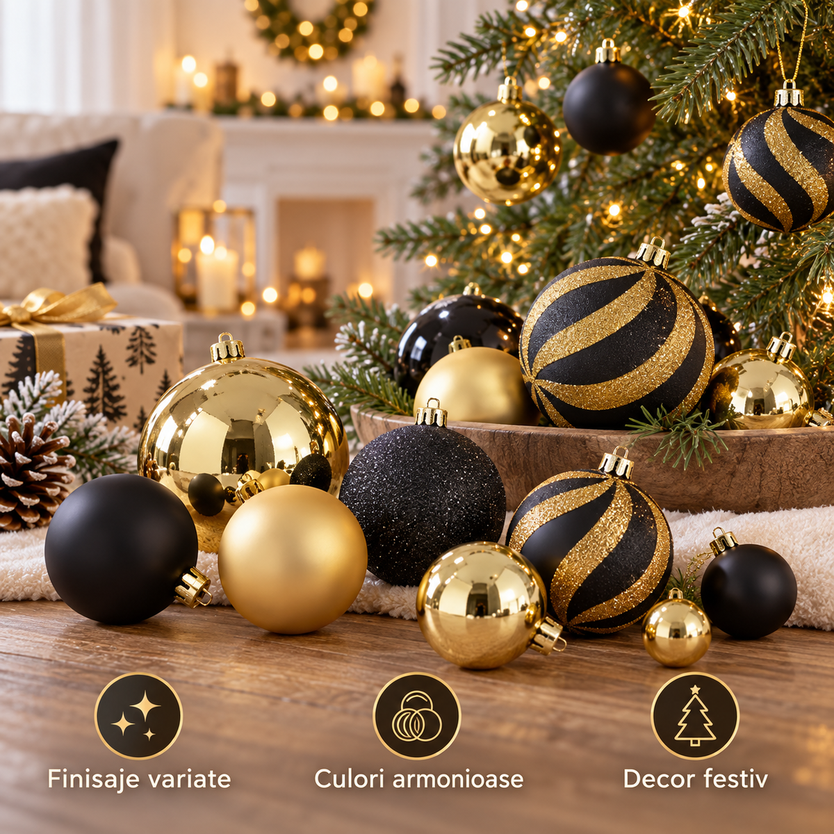 Globuri Negre Si Aurii - Set Festiv De 55 Piese - avantaje - Shopiens