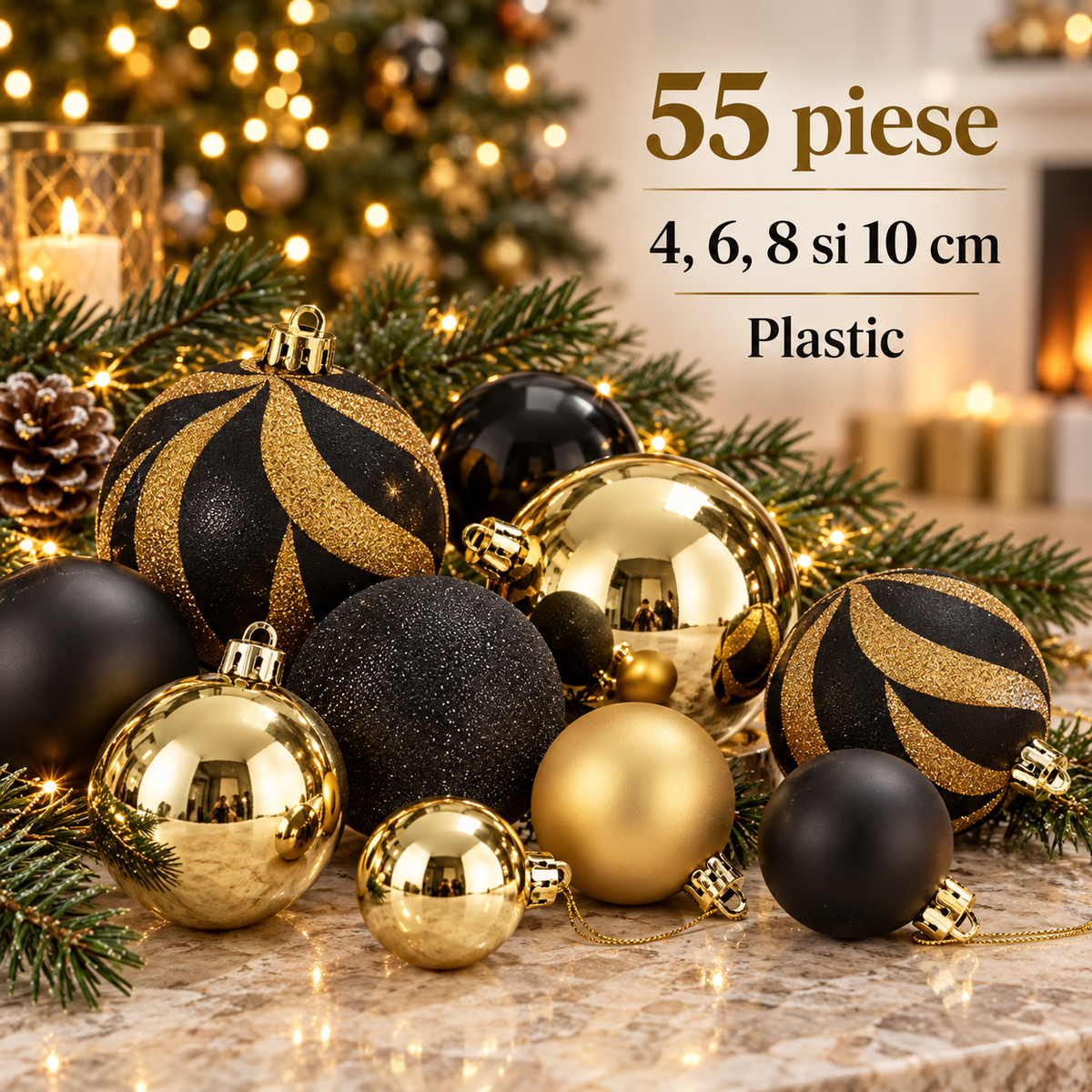 Globuri Negre Si Aurii - Set Festiv De 55 Piese - specificatii - Shopiens
