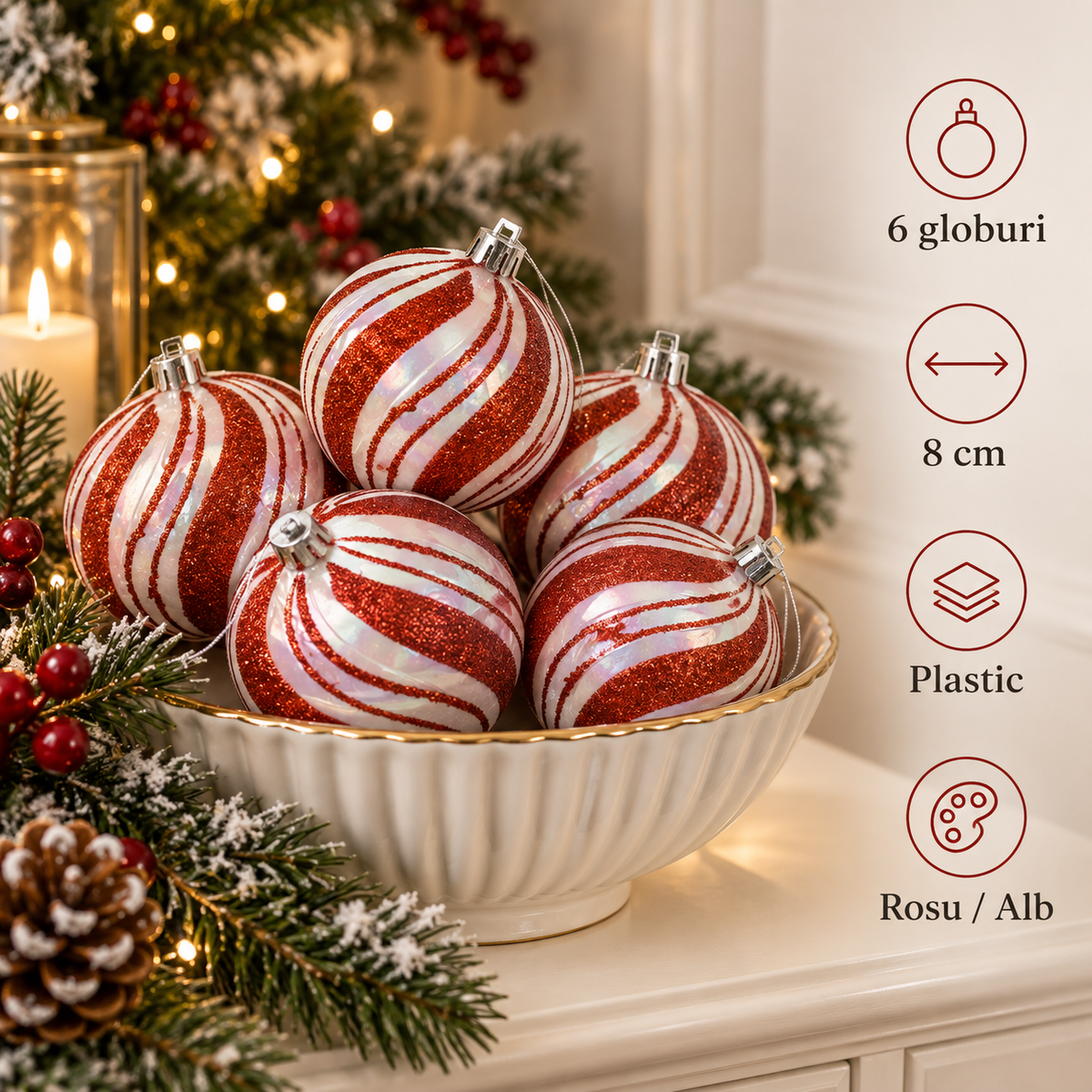 Globuri Perlate Cu Dungi Rosii, Set 6, 8 Cm - specificatii - Shopiens