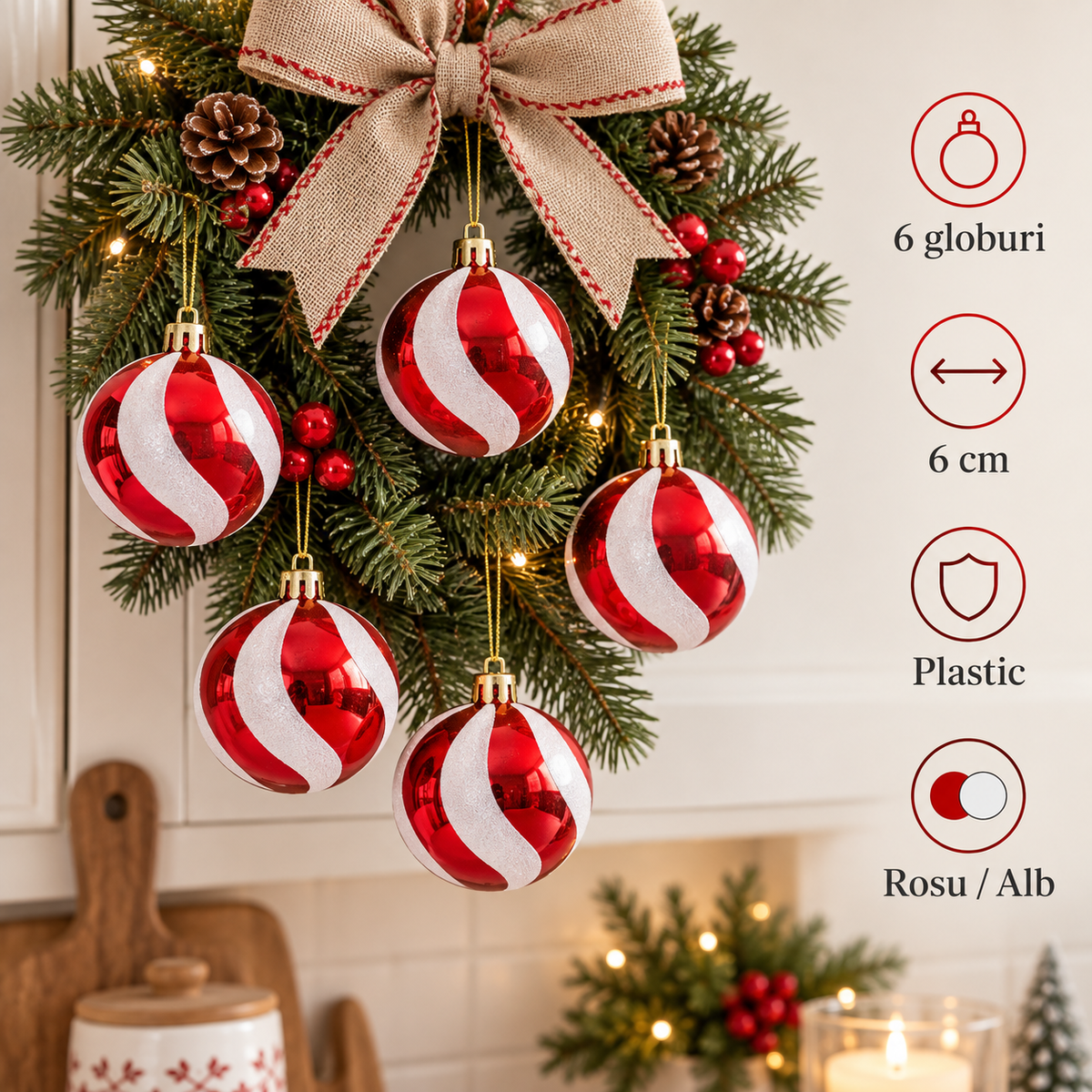 Globuri Rosii Cu Dungi Holografice, Set 6, 6 Cm - specificatii - Shopiens