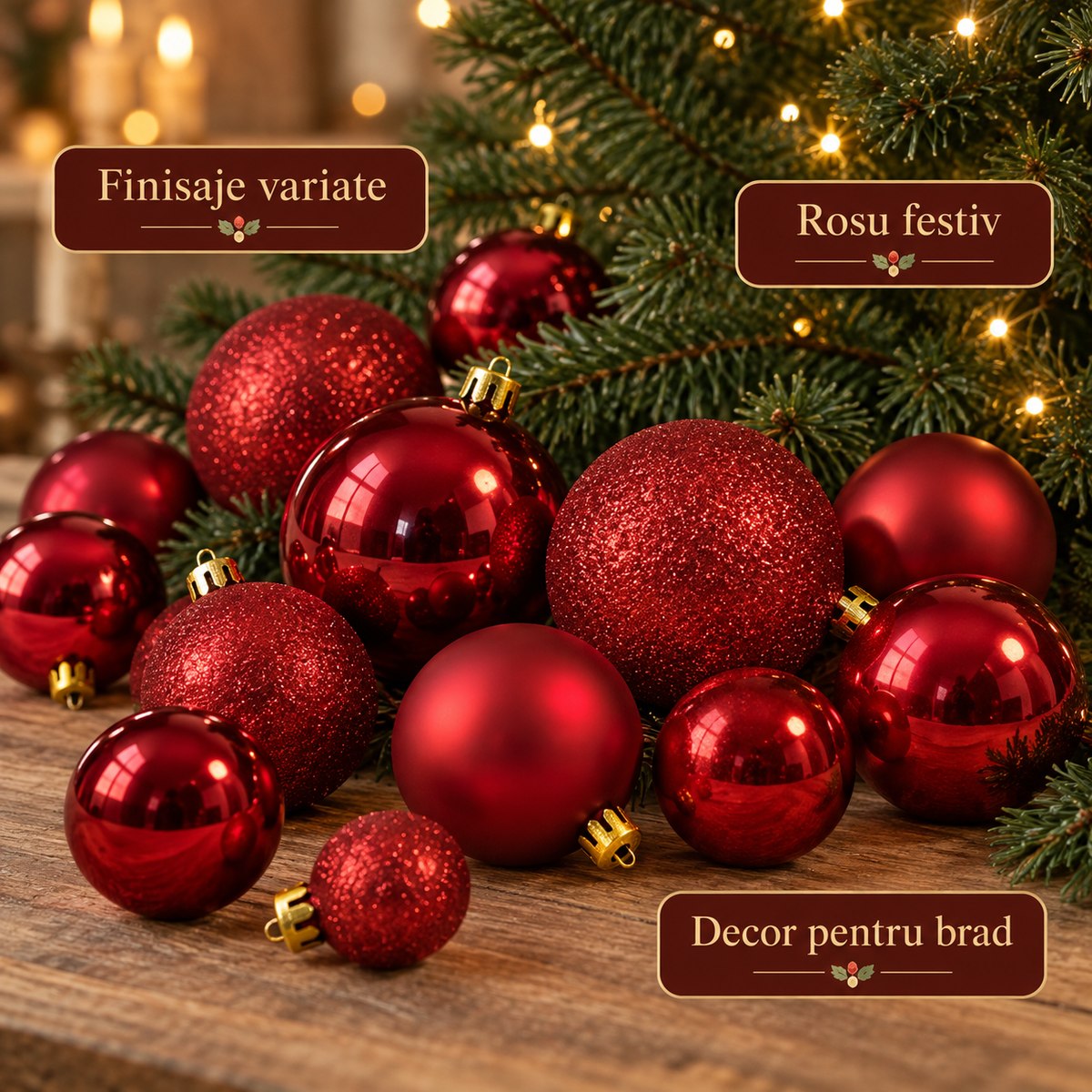 Globuri Rosii Cu Finisaje Mixte, Set De 44 Bucati - avantaje - Shopiens