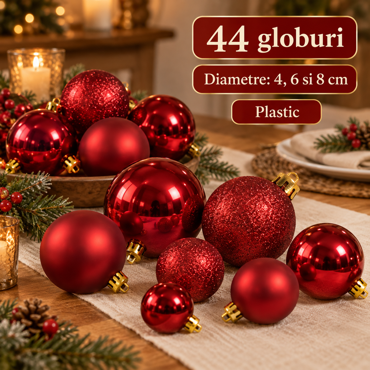 Globuri Rosii Cu Finisaje Mixte, Set De 44 Bucati - specificatii - Shopiens