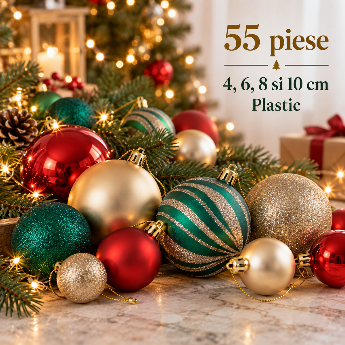 Globuri Rosii, Verzi Si Aurii - Set De 55 Piese - specificatii - Shopiens