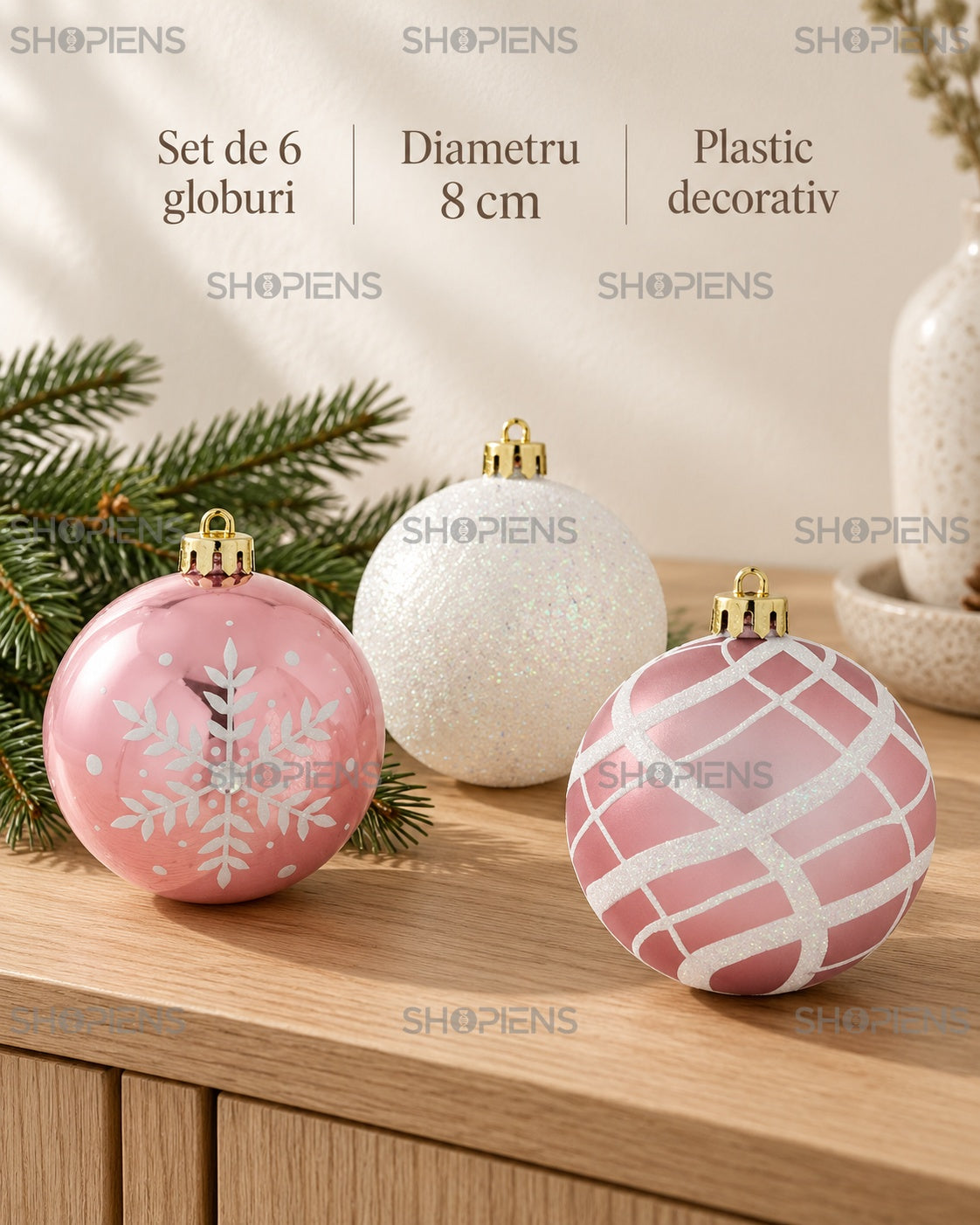 Globuri roz și albe cu fulgi irizați, set 6 – specificații – Shopiens