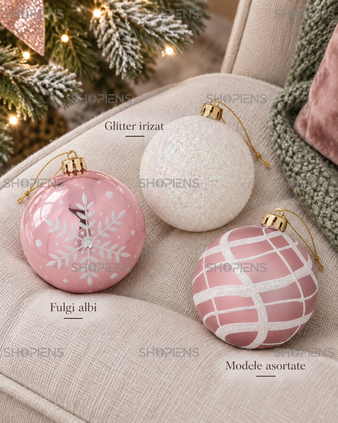Globuri roz și albe cu fulgi irizați, set 6 – trei modele decorative – Shopiens
