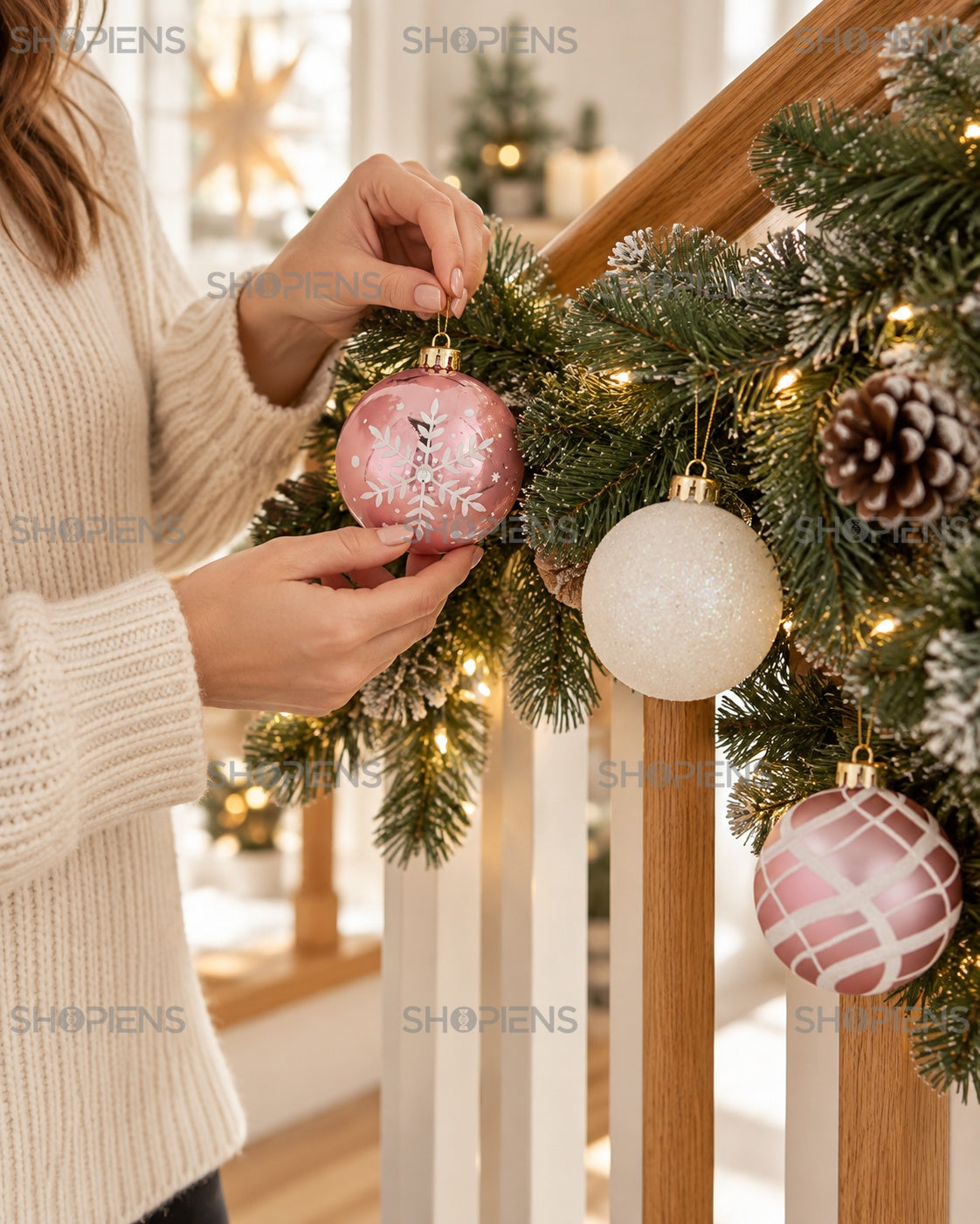 Globuri roz și albe cu fulgi irizați, set 6 – ghirlandă pentru scară – Shopiens