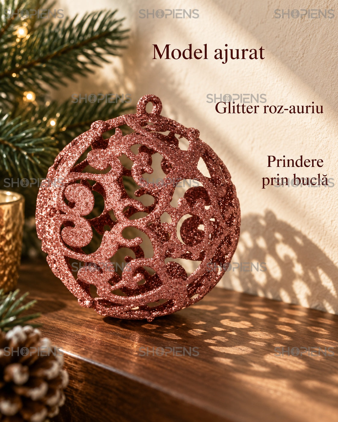 Set 6 globuri ajurate roz-auriu, 8 cm – detalii ale modelului ajurat – Shopiens