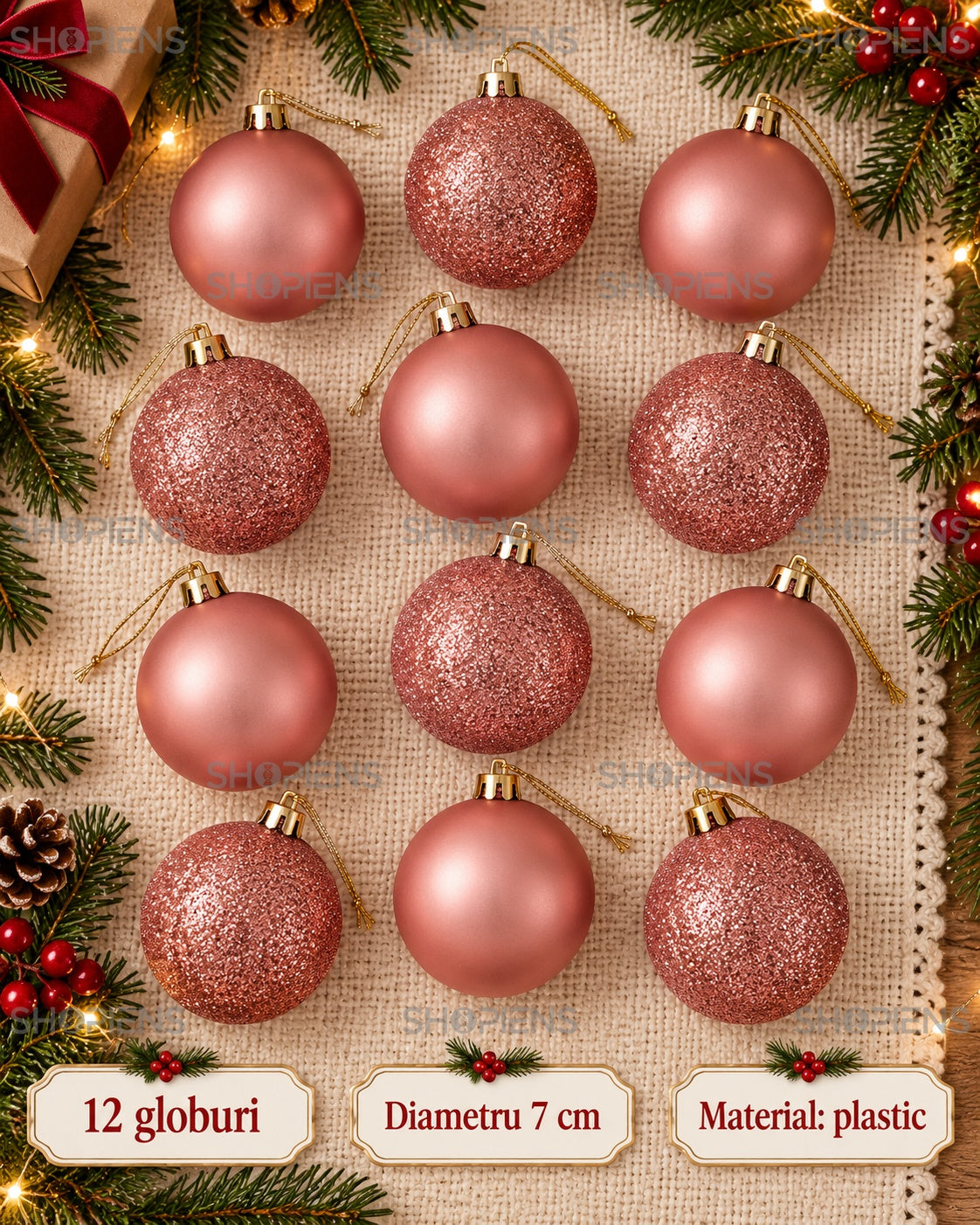 Set 12 globuri roz-auriu, mat și glitter, 7 cm – specificații și conținut – Shopiens
