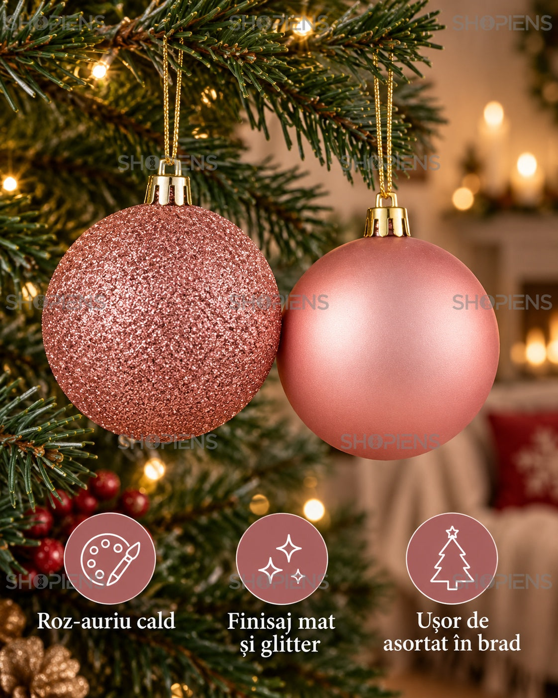 Set 12 globuri roz-auriu, mat și glitter, 7 cm – finisaje și culoare – Shopiens