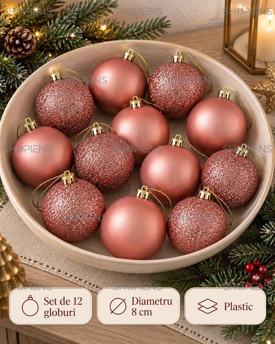 Globuri roz-aurii mate și cu sclipici, set 12, 8 cm – specificații și conținut – Shopiens