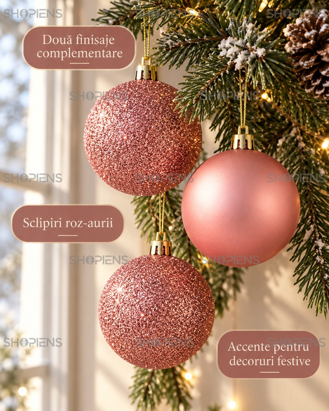 Globuri roz-aurii mate și cu sclipici, set 12, 8 cm – finisaje și culoare – Shopiens