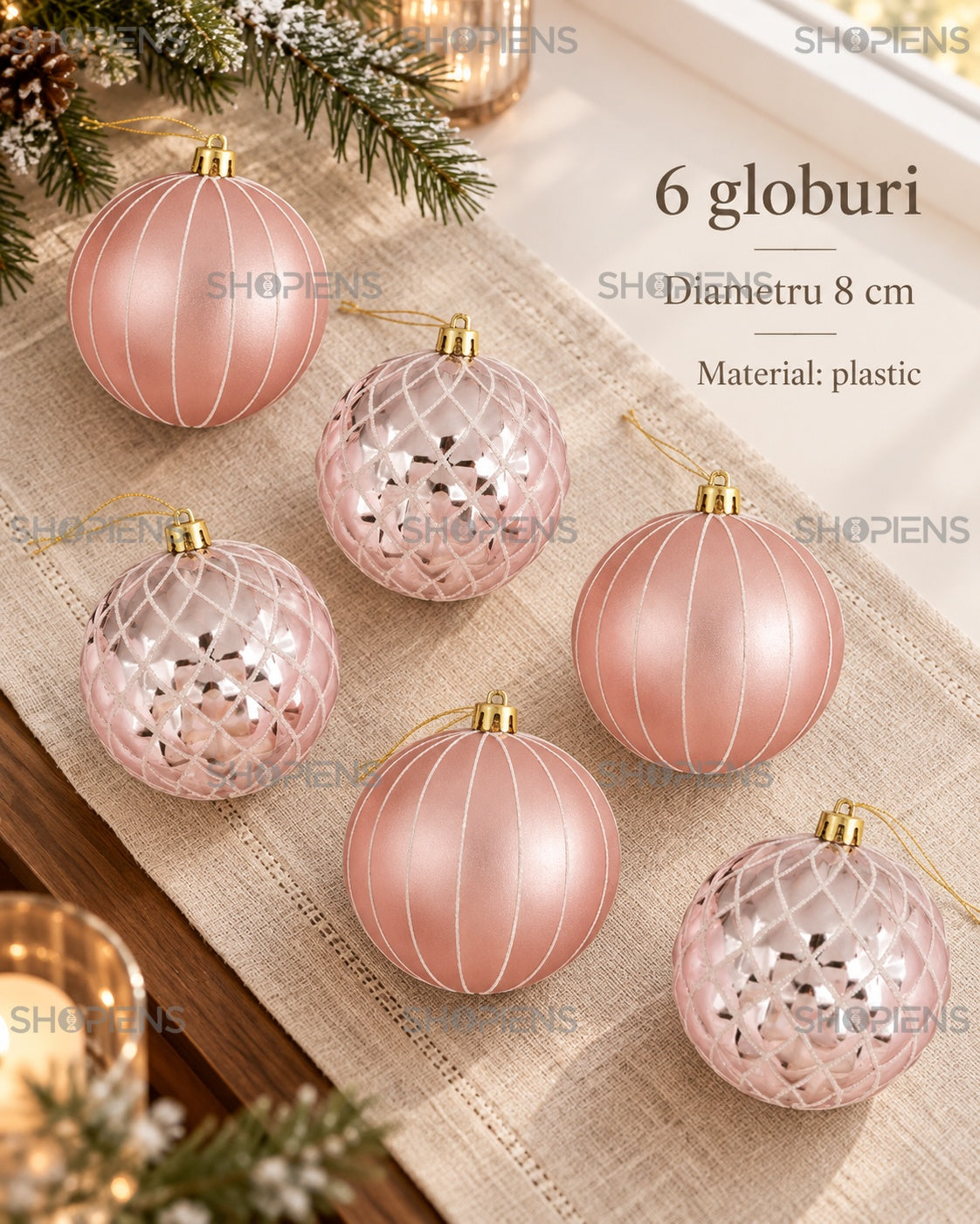 Globuri roz cu dungi și romburi, set 6 – specificații 8 cm, plastic – Shopiens