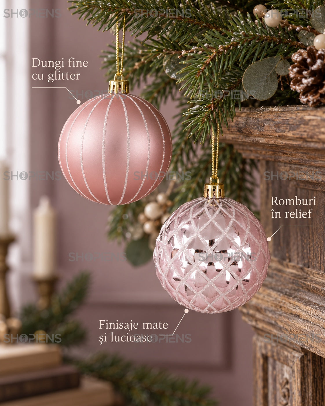Globuri roz cu dungi și romburi, set 6 – finisaje și model – Shopiens