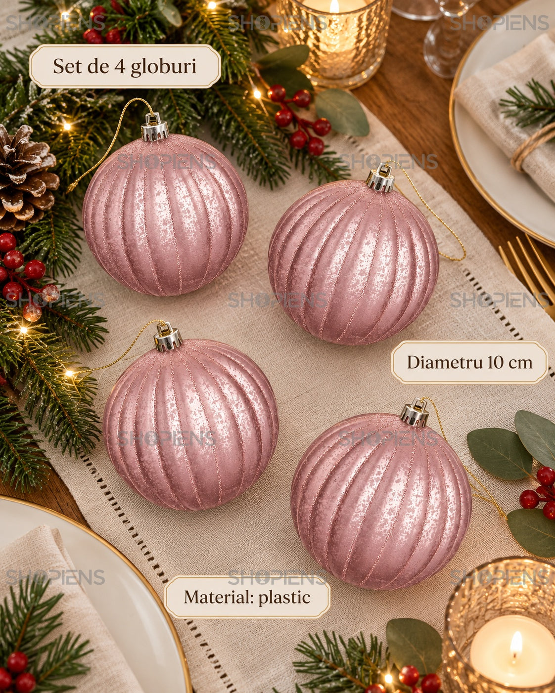 Set 4 globuri roz cu efect mercury, 10 cm – specificații și conținut – Shopiens