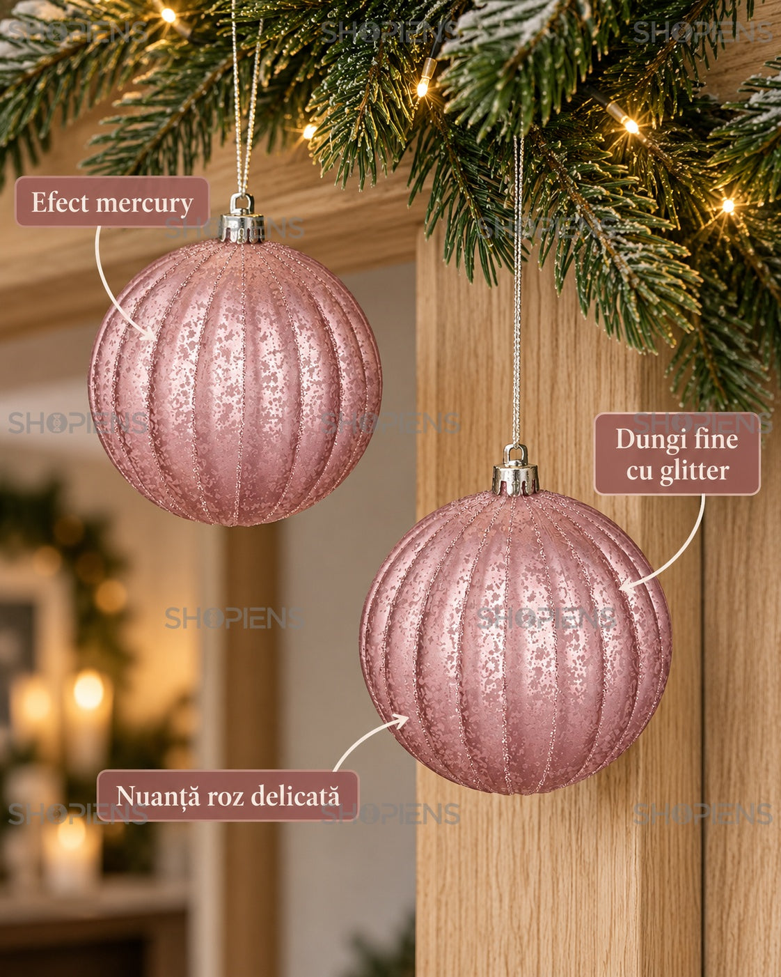 Set 4 globuri roz cu efect mercury, 10 cm – detalii de suprafață – Shopiens