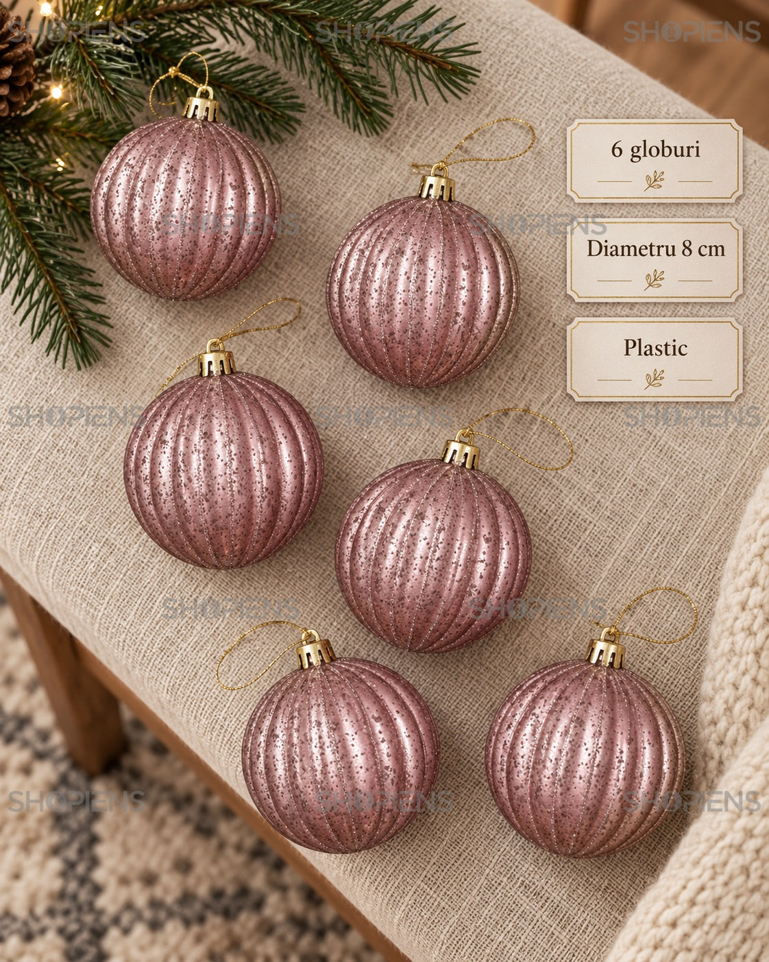 Globuri roz patinat cu dungi fine, set 6, 8 cm – specificații și conținut – Shopiens