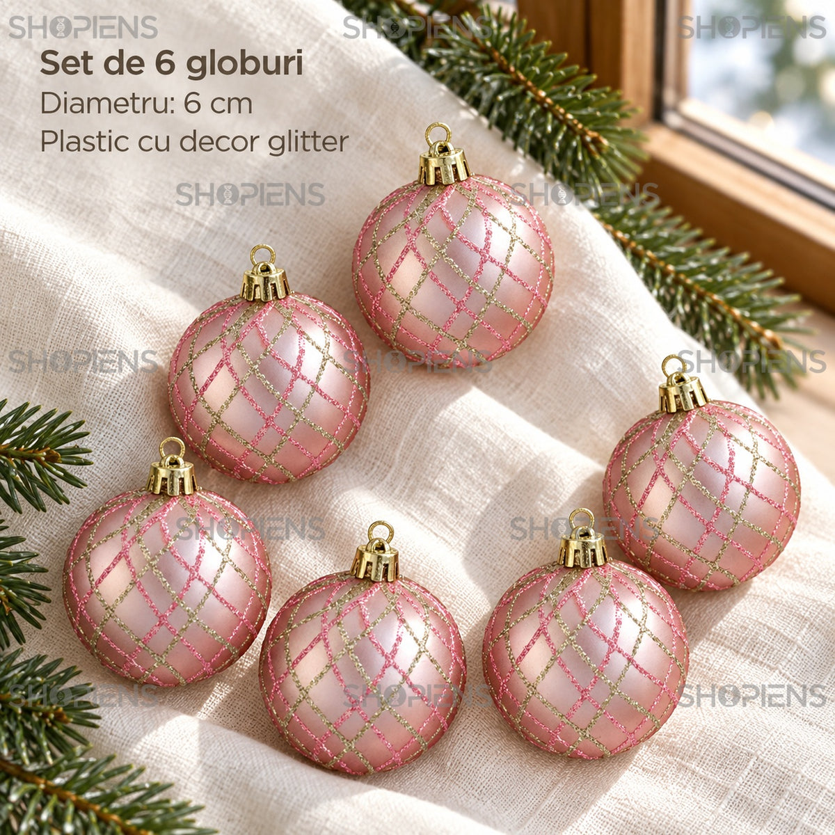 Set 6 globuri roz cu plasă glitter, 6 cm – specificații – Shopiens