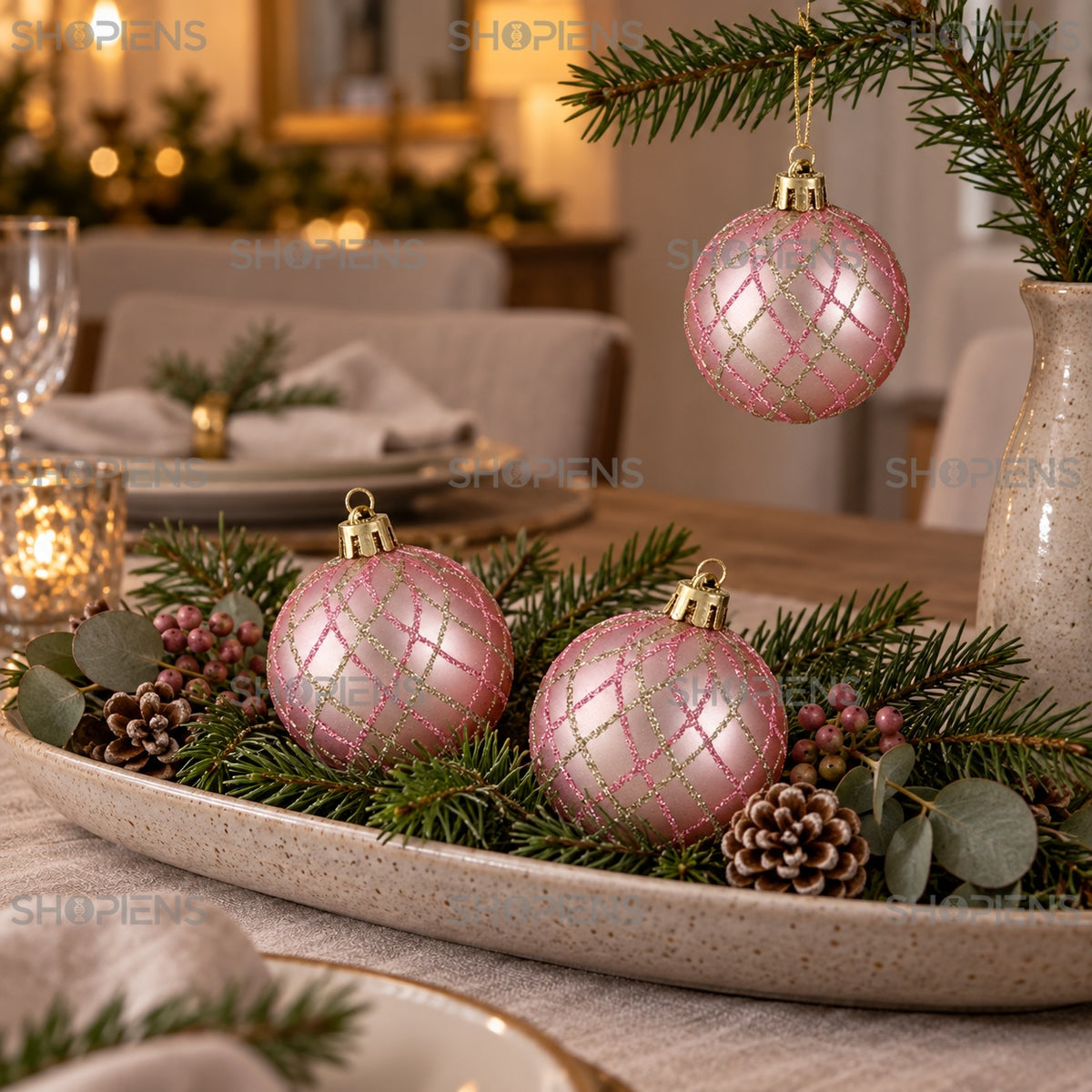 Set 6 globuri roz cu plasă glitter, 6 cm – utilizare în decor – Shopiens
