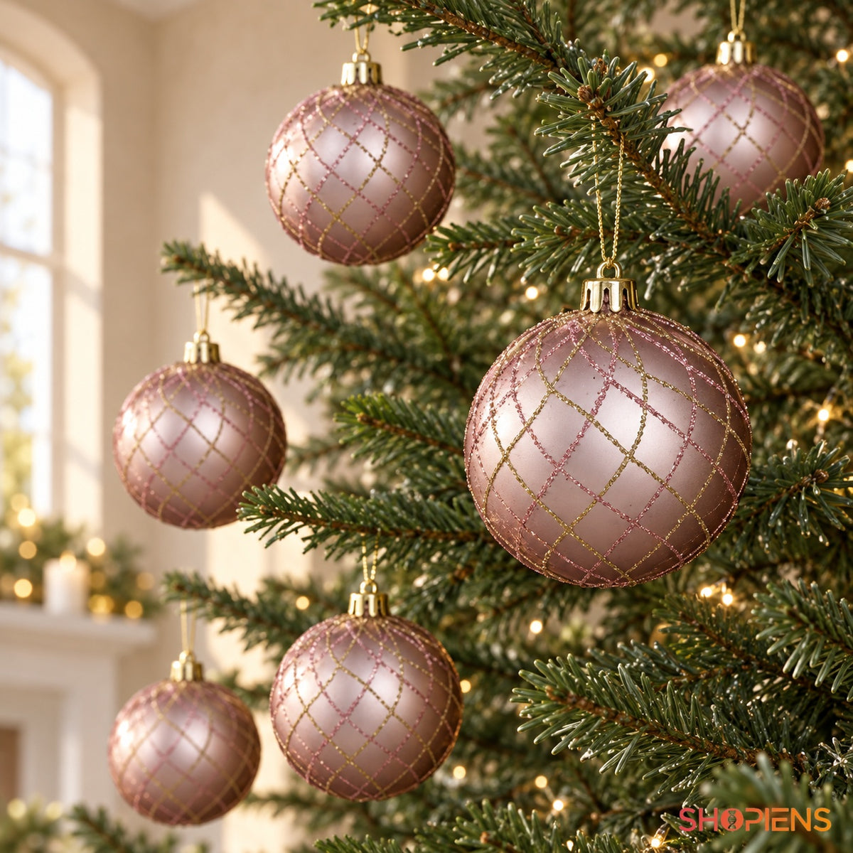 Globuri roz cu romburi șampanie, 6 bucăți, 8 cm – decor de Crăciun – Shopiens
