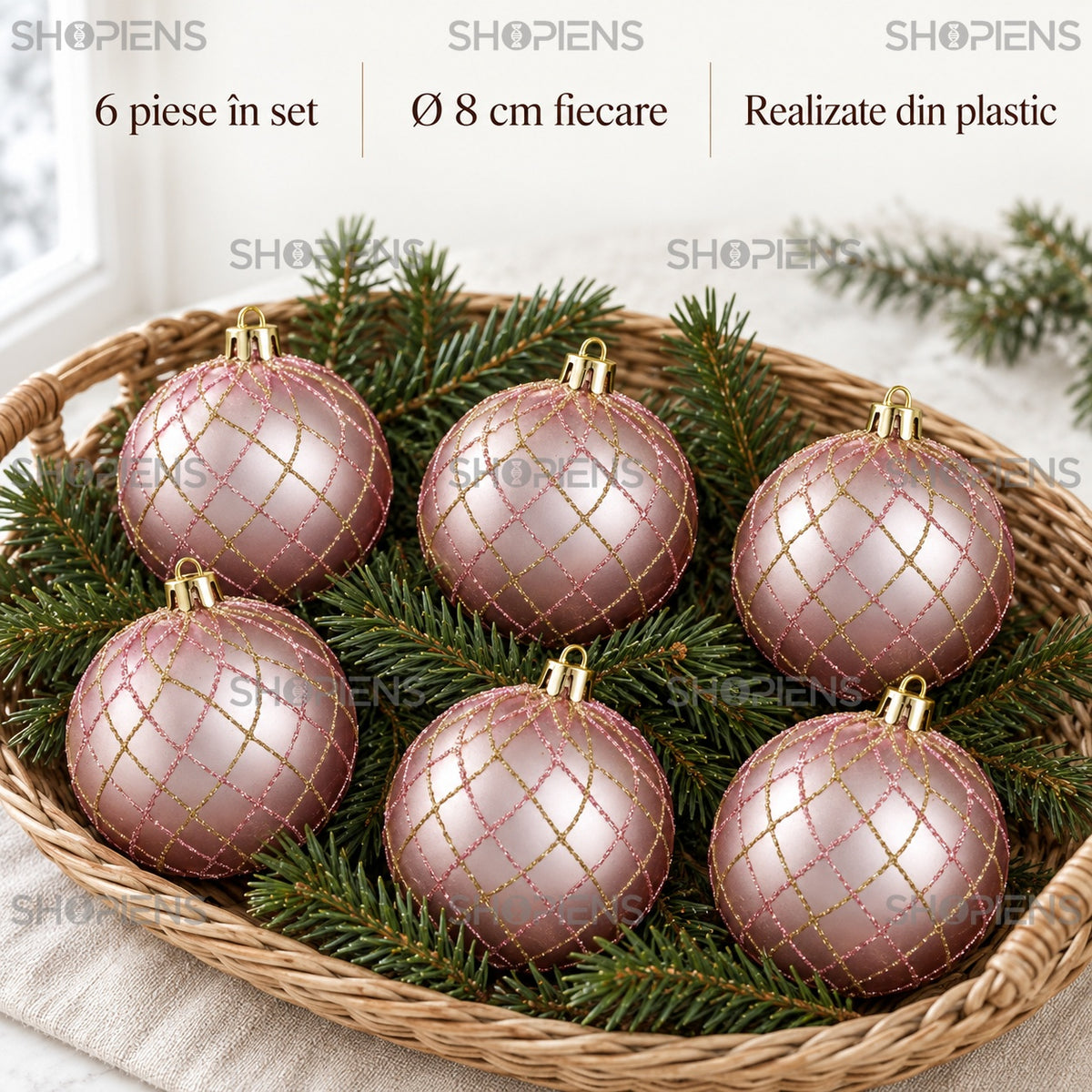 Globuri roz cu romburi șampanie, 6 bucăți, 8 cm – specificații – Shopiens
